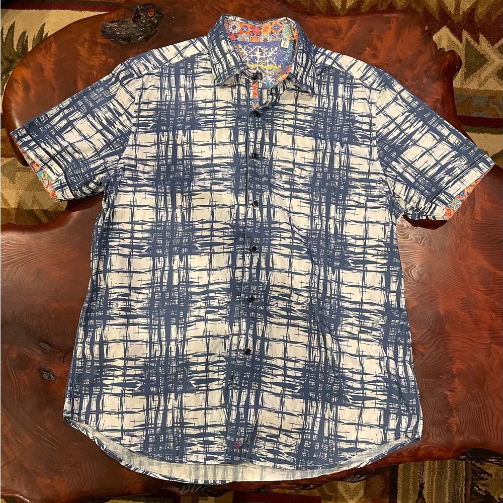 Robert Graham Men's Blue Multicolor Geometric Short Sleeve Button Down XL